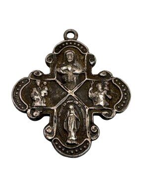 Four Way Catholic Cross Pendant With Religious Icons Vintage Sterling Silver 1"